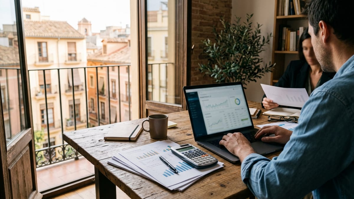 Mesa de trabajo con un ordenador portátil, una calculadora y documentos financieros con gráficos, junto a una ventana con luz mediterránea y fachadas del centro histórico de una ciudad al fondo