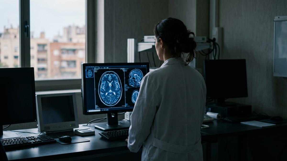 Sala de radiología en penumbra con un monitor que muestra una resonancia magnética en tonos azules y una persona de espaldas con bata blanca observando la pantalla