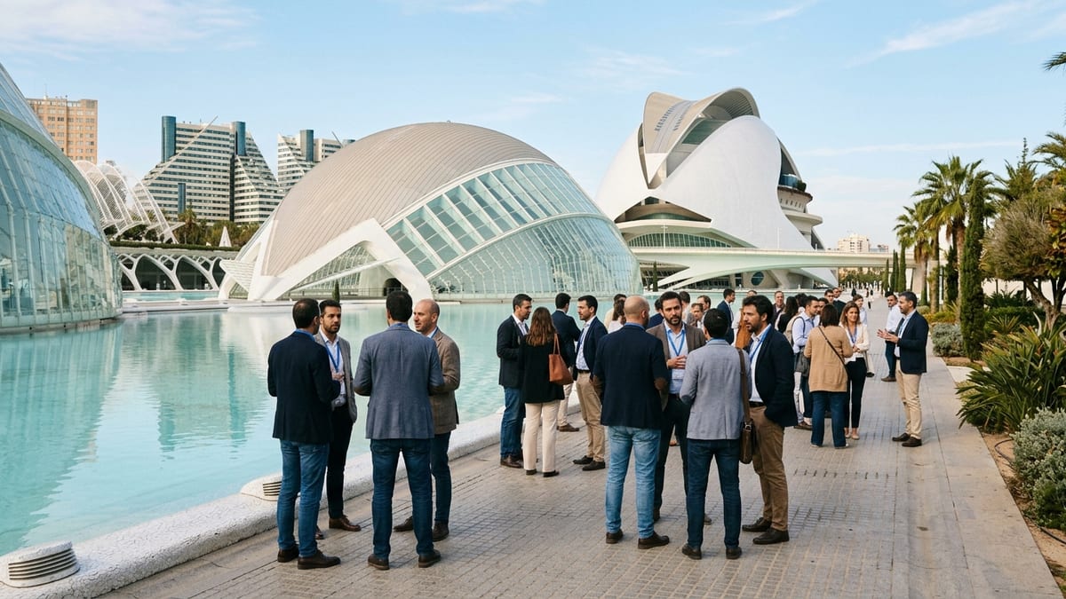 Asistentes a un congreso tecnológico conversando en pequeños grupos junto a un estanque, con edificios blancos de arquitectura futurista al fondo, luz de mañana, vistos de espaldas o a distancia
